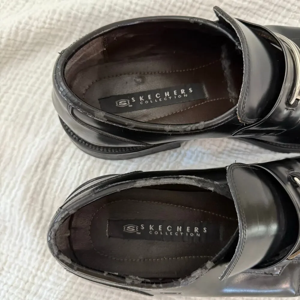 Skechers Slip On Loafer Size 13 Black Leather Silver Metal Rubber Sole